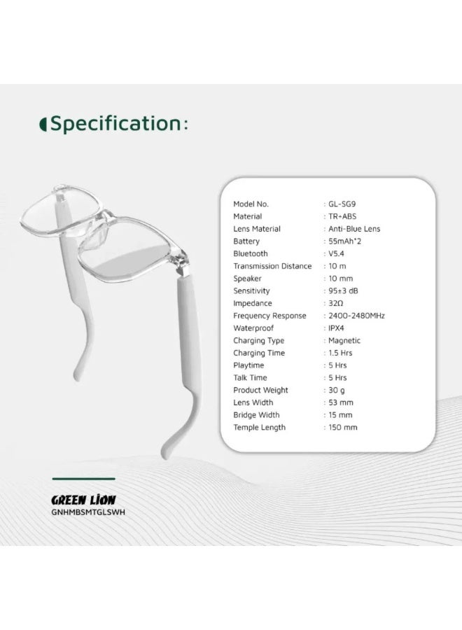 GREEN LION Hamburg Smart Glasses with Touch Control, UV400 Protection, Built-in Microphone, Remote Camera & Voice Assistant, Anti-Blue Lenses, Up to 5 Hours Play Time, 1.5-Hour Magnetic Charging Time, 10m Transmission Distance - White - Image 5